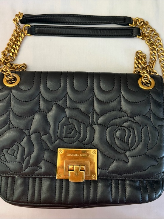 Michael Kors Handbags - Michael Kors Black Quilted Floral Leather Chain Shoulder Bag Gold Medium